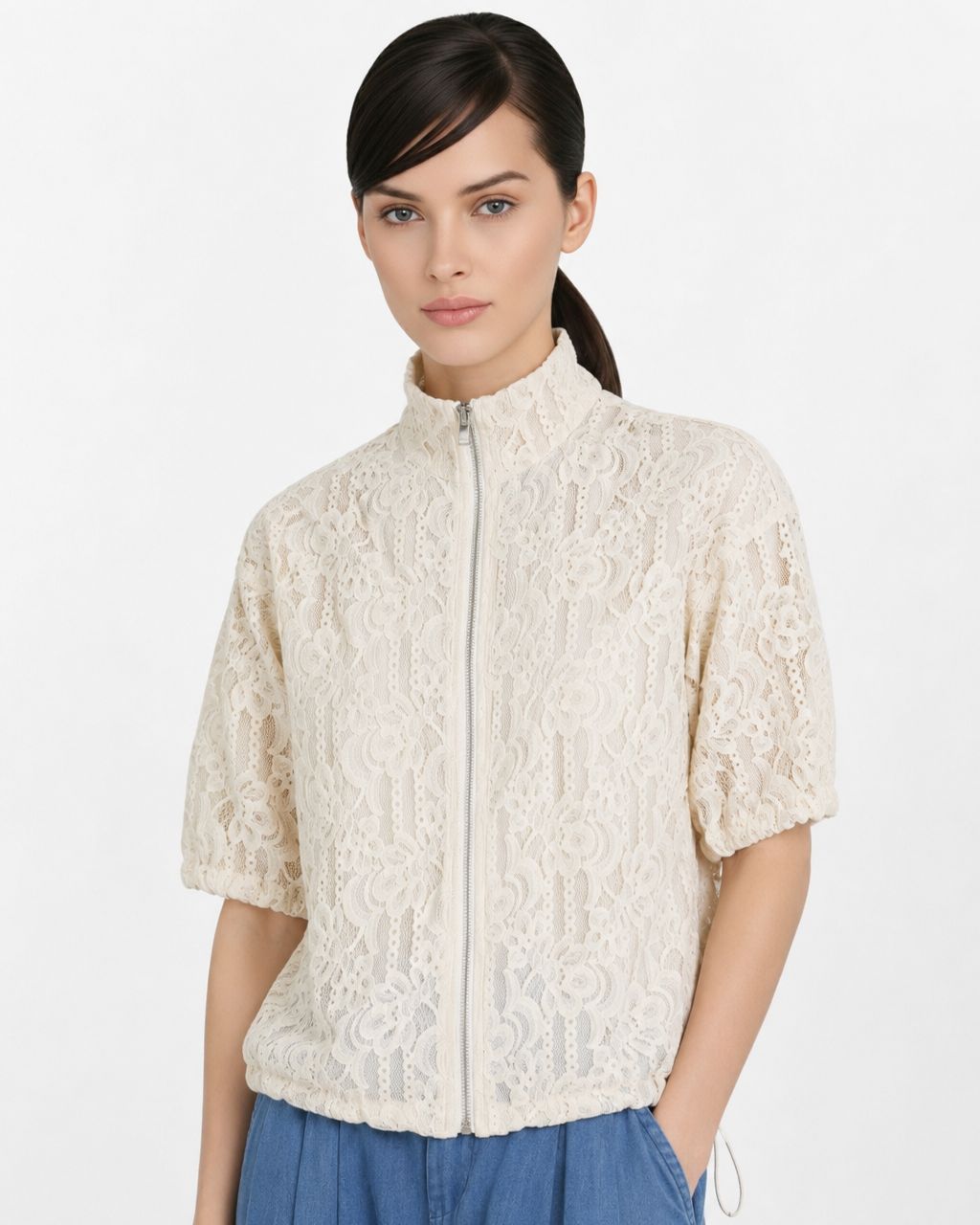 Lace Shorter Sleeve Zip Up Jacket