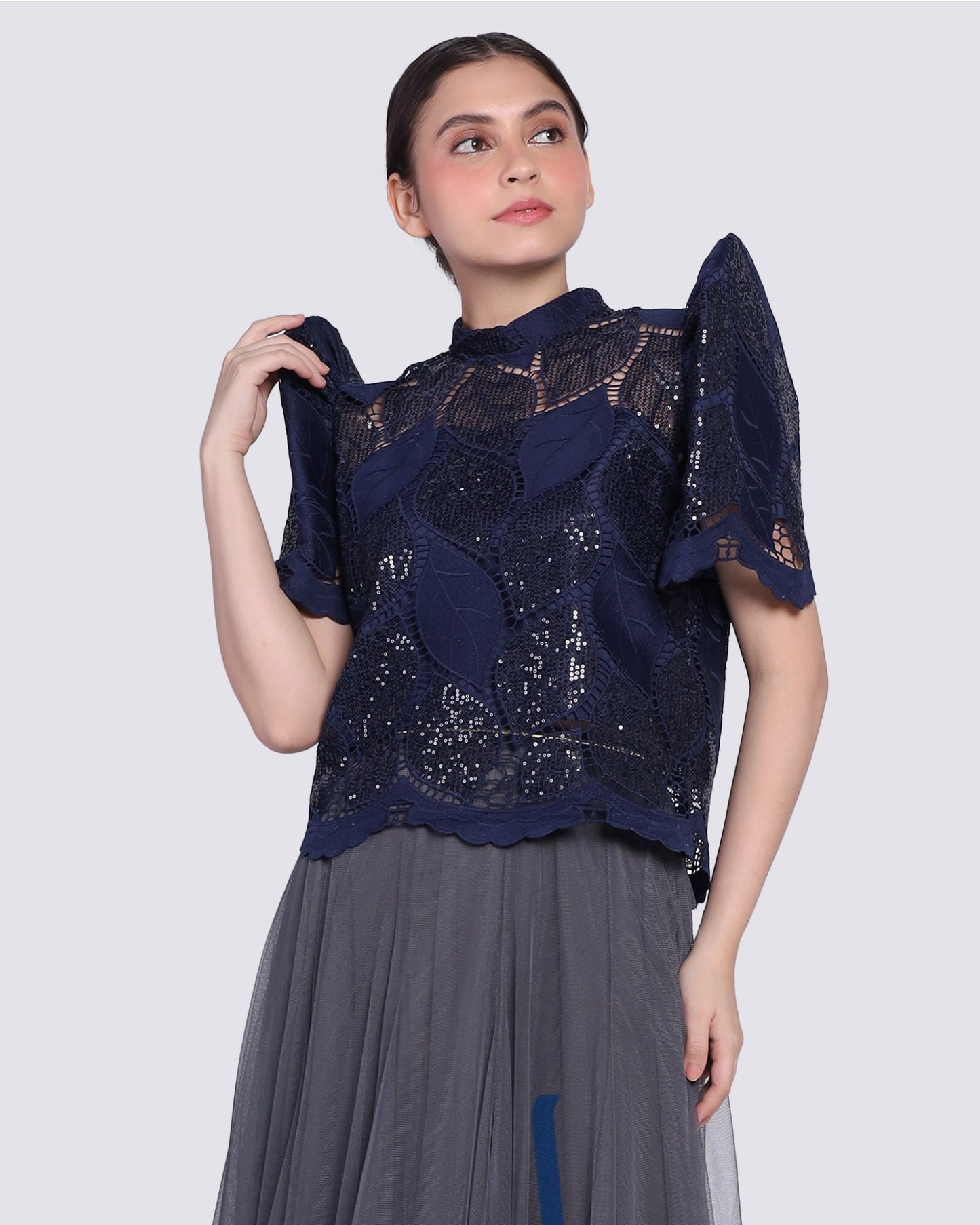 Dark Blue Stand Collar Terno Top