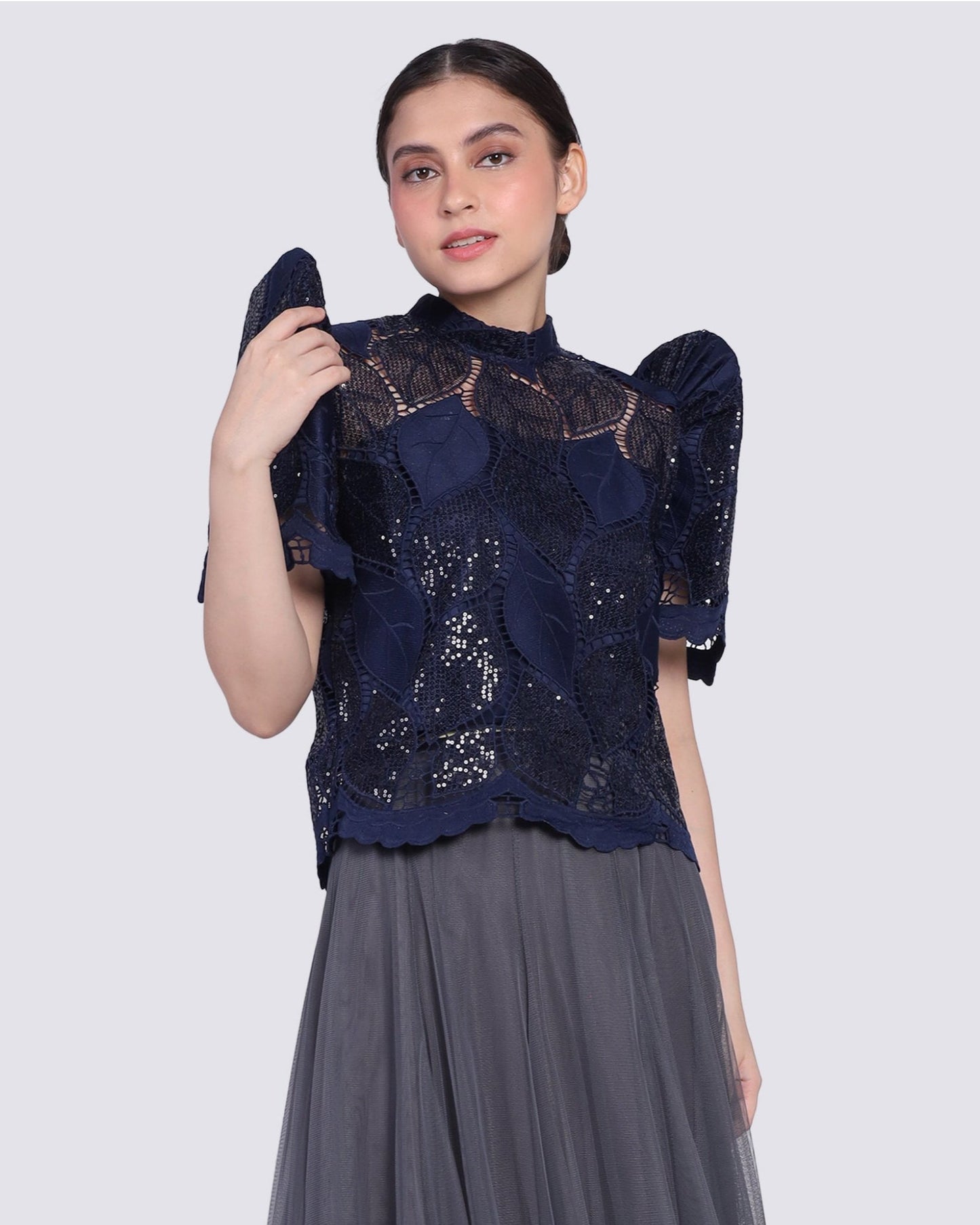 Dark Blue Stand Collar Terno Top
