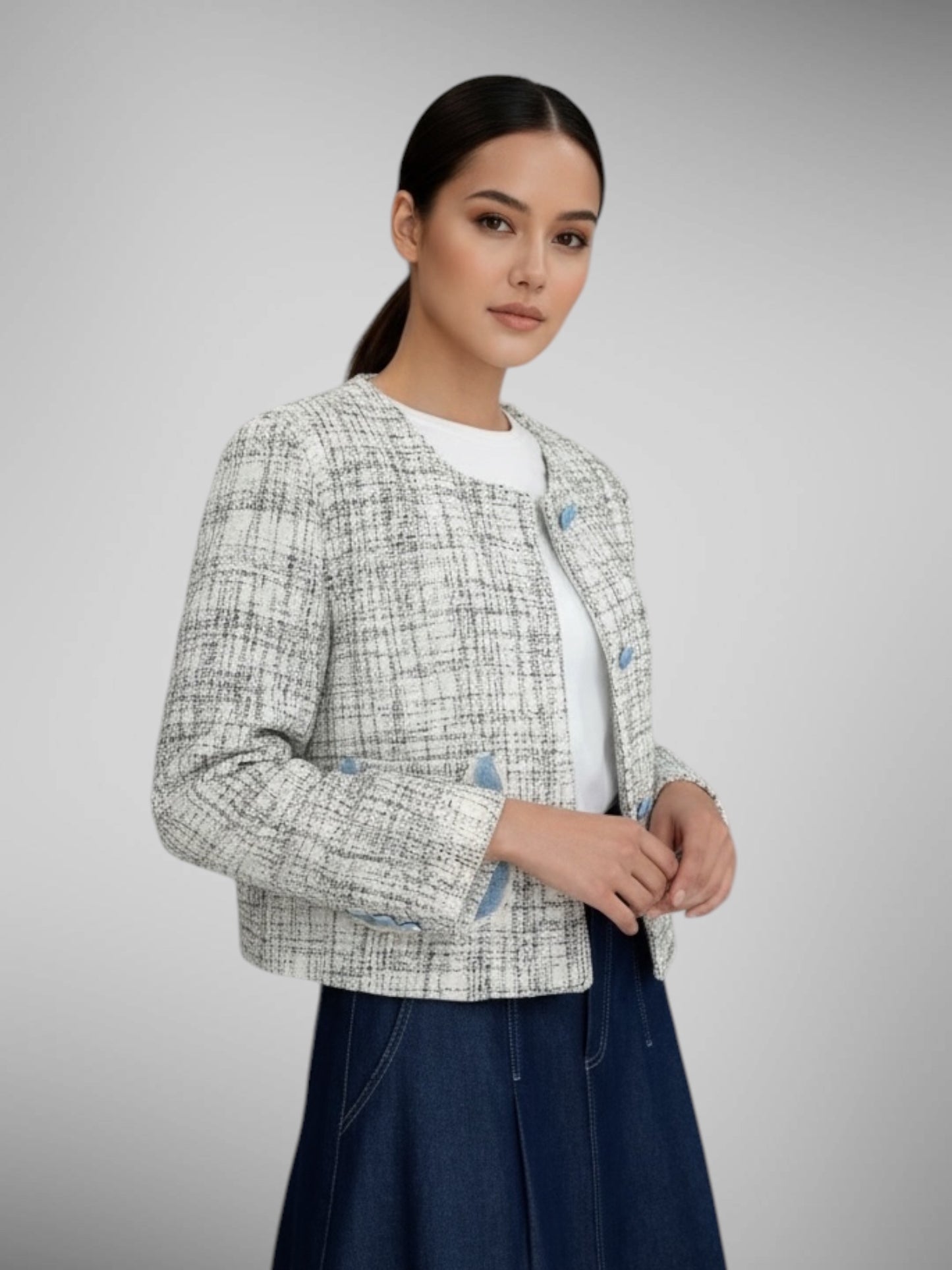 Tweed Jacket with Blue Buttons