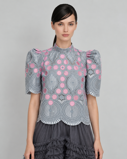 Puffsleeve Stand Collar Lace