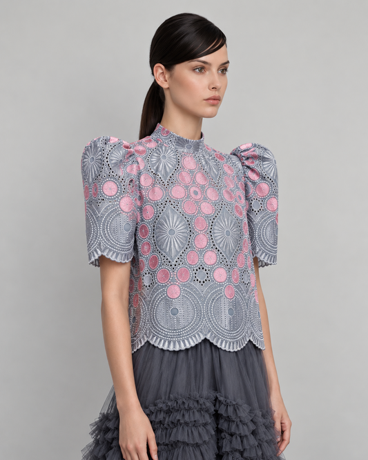 Puffsleeve Stand Collar Lace