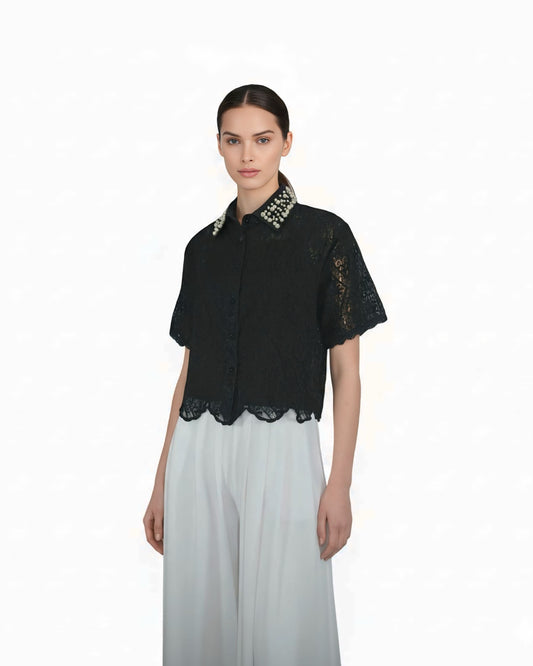SS Lace Buttondown with Pearls