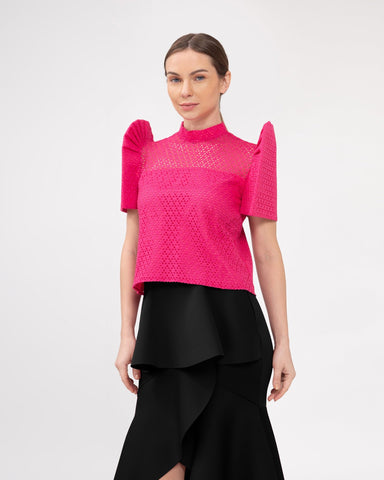 Pink Eyelet Stand Collar Top