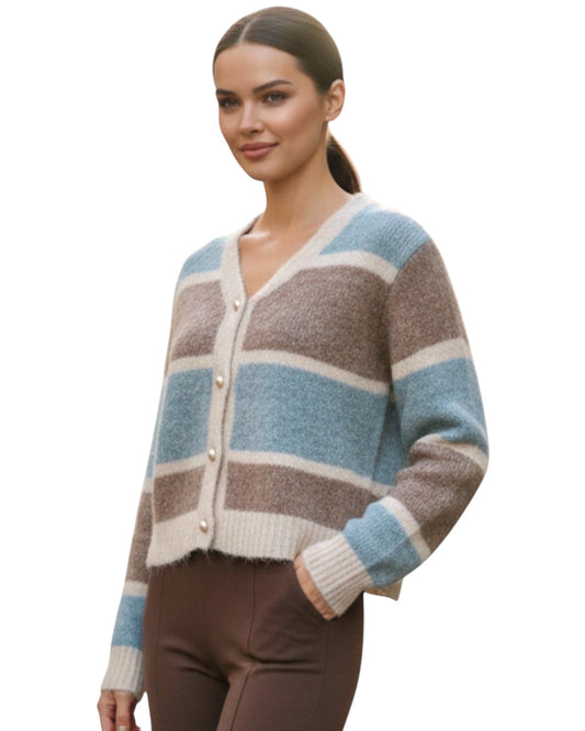 Stripe V Fluffy Cardigan