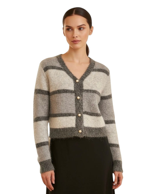 Stripe V Fluffy Cardigan