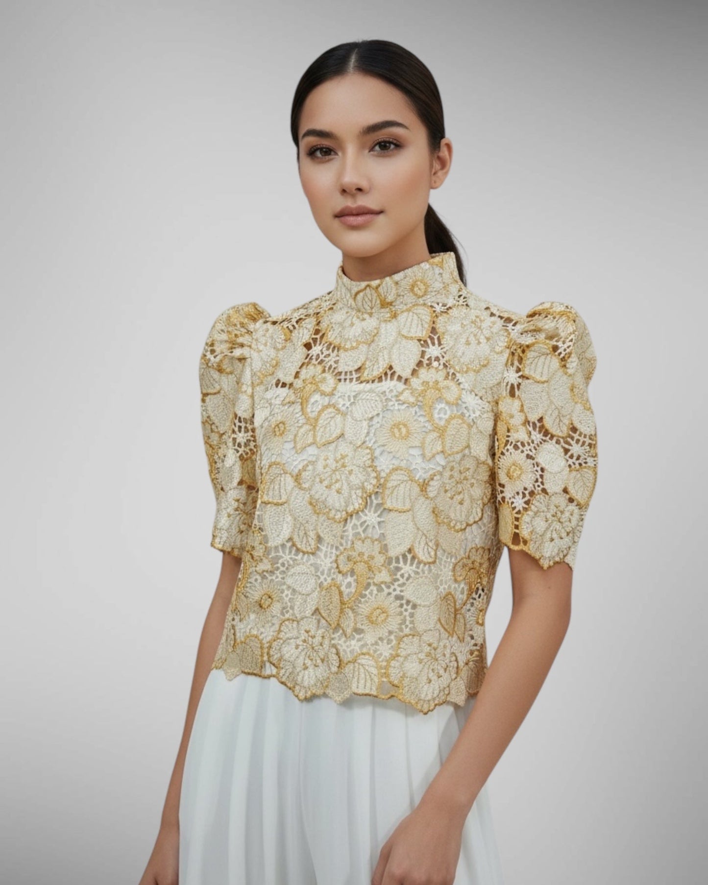 Puffsleeve Stand Collar Top