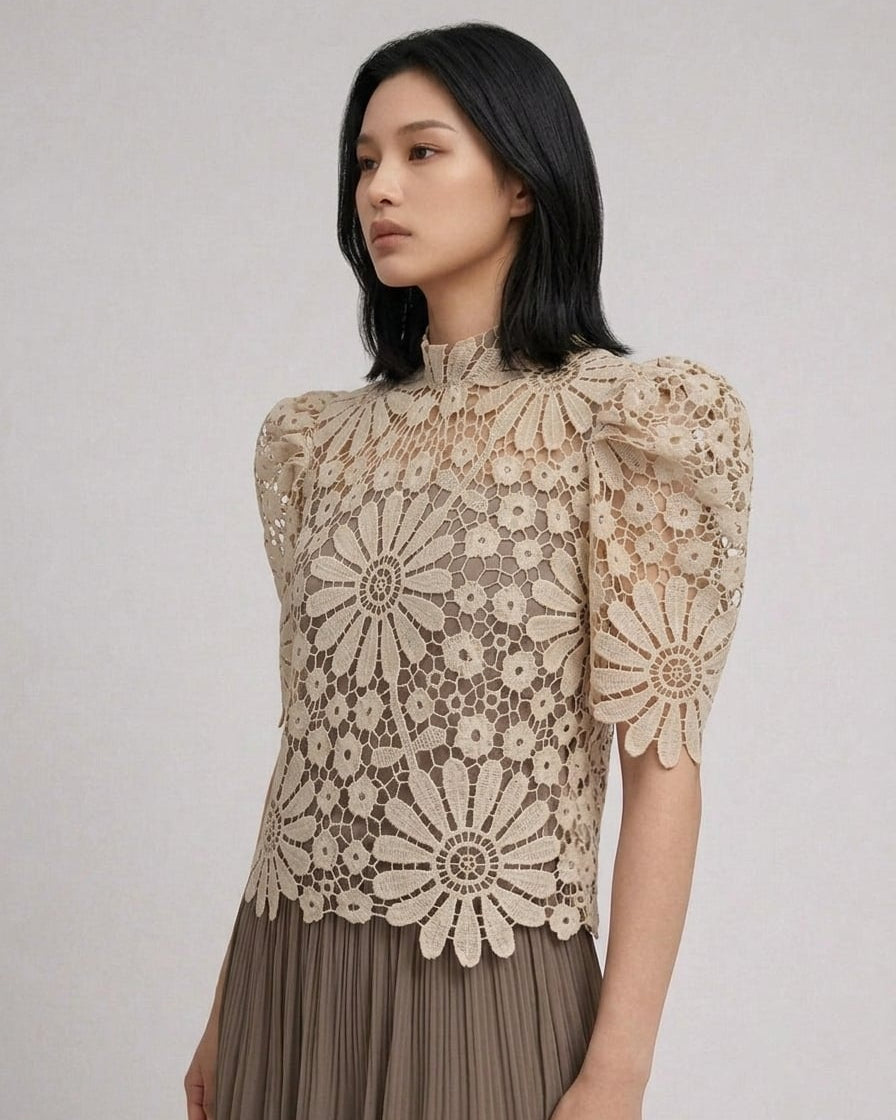 Puffsleeve Stand Collar Top