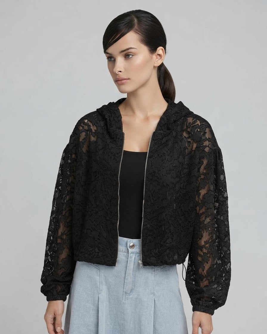 Zip Up Hooded Lace Jacket