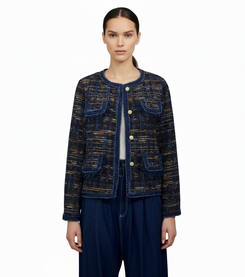 Denim Piping Tweed Jacket