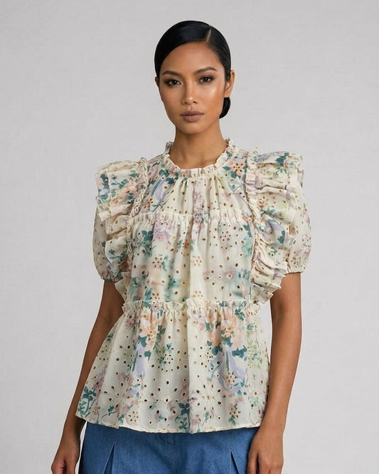 Colored Eyelet Floral Top