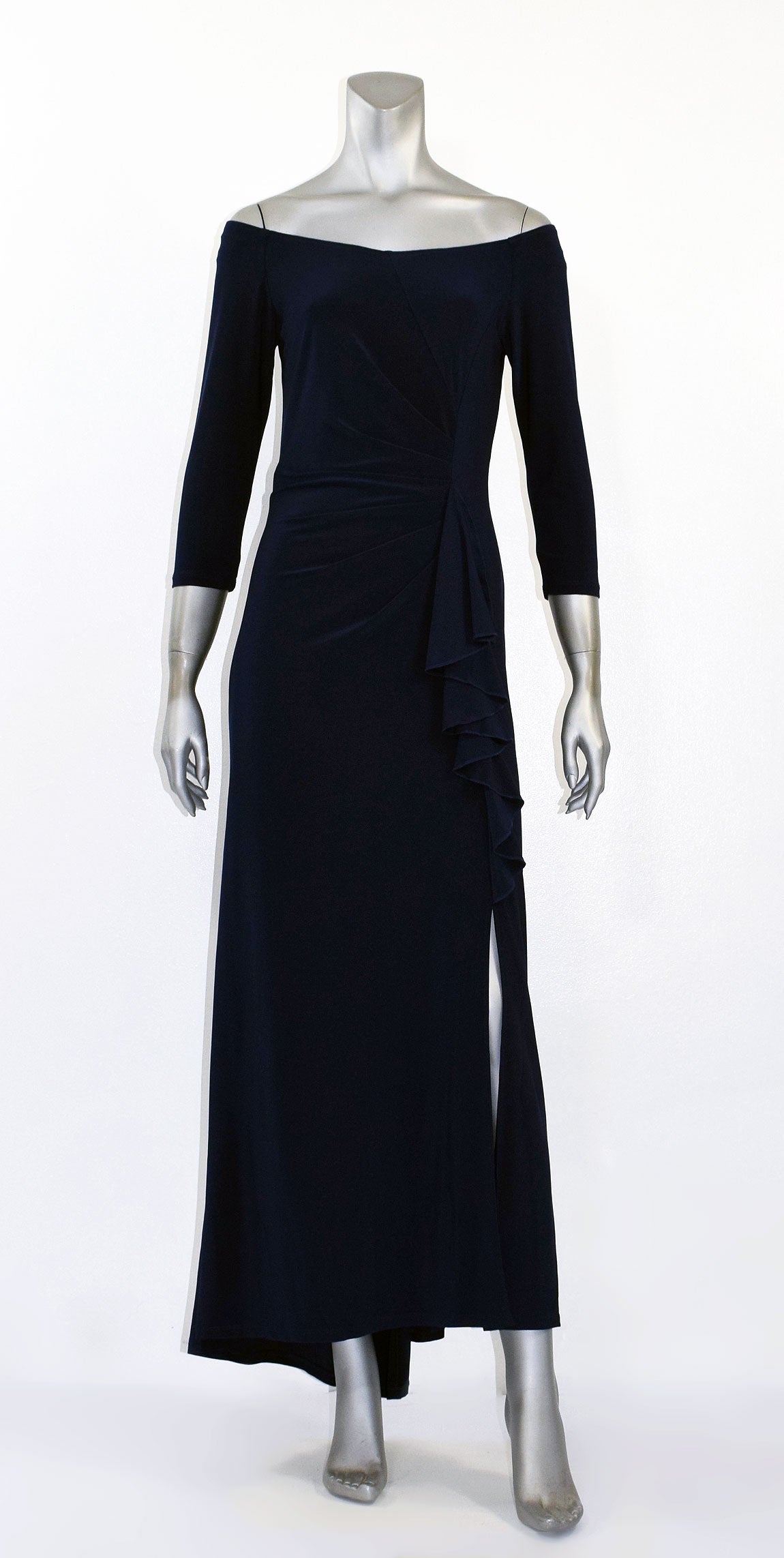 E5-Off Shoulder Ruffled Slit Maxi
