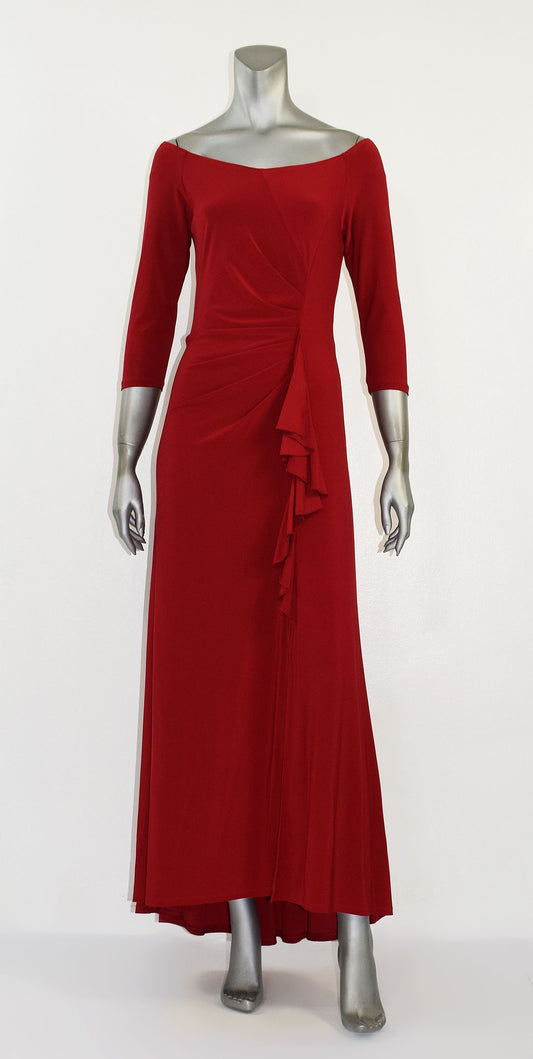 E5-Off Shoulder Ruffled Slit Maxi